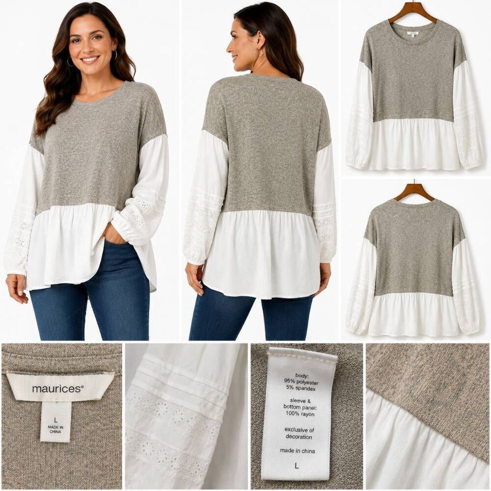 Maurices Lace Sleeve Peplum Top Womens Large Boho Beige